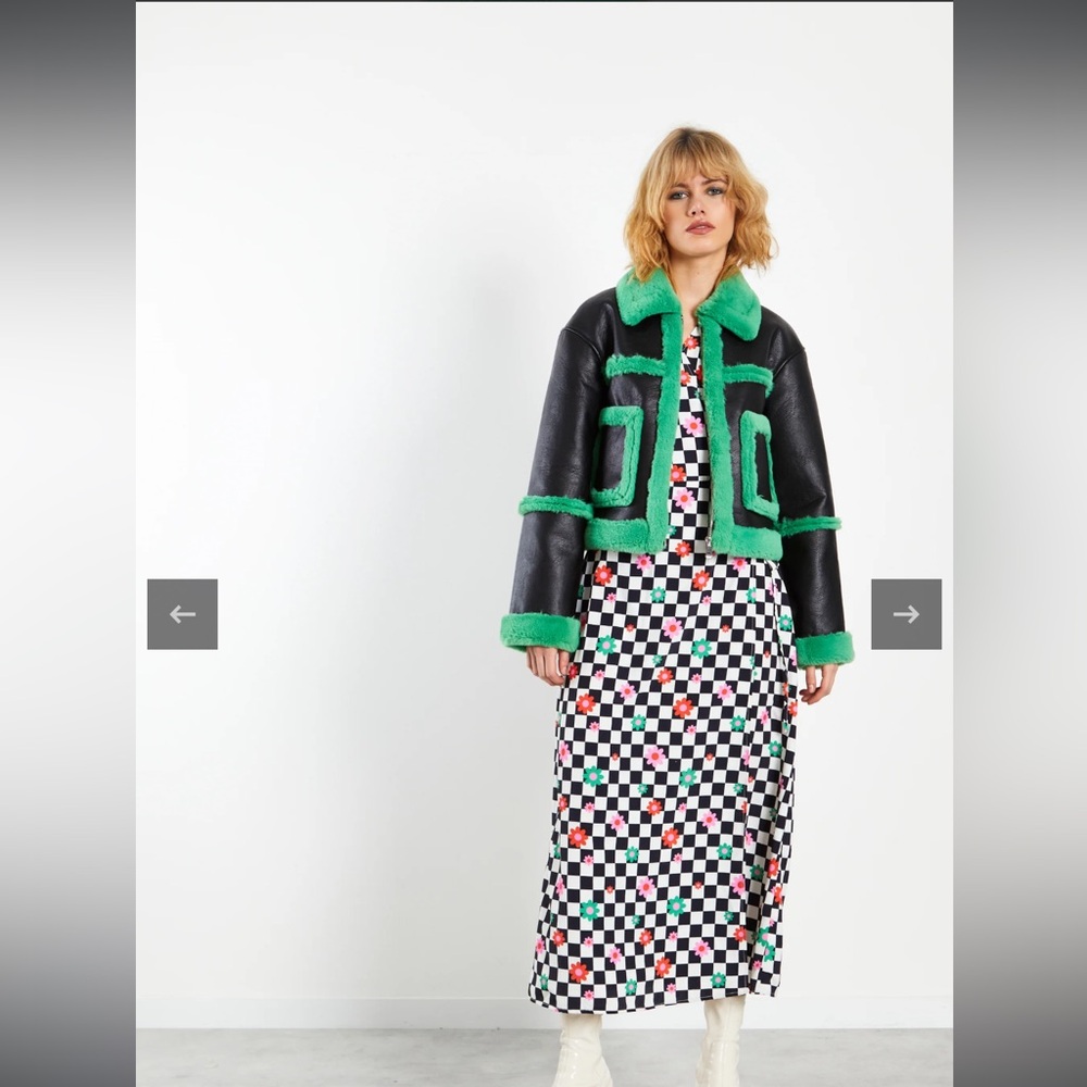 Glamorous Black Green Cropped Shearling Trim Vegan Leather Coat Size 6 - Picture 7 of 13